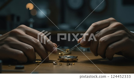 Close up of watchmakers hands repairing a watch with tweezers. Precision work, craftsmanship, and horology concept. 124452333