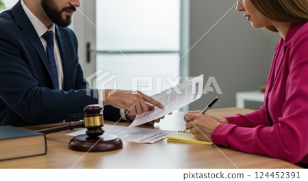 Lawyer discussing legal documents with a client at a desk, emphasizing important points, professional consultation in a modern office setting. 124452391