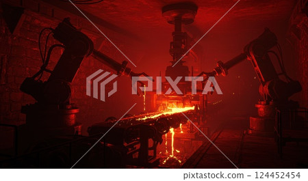 Industrial scene featuring robotic arms in an underground facility, illuminated by a moody crimson glow, pouring molten metal onto a conveyor belt. 124452454