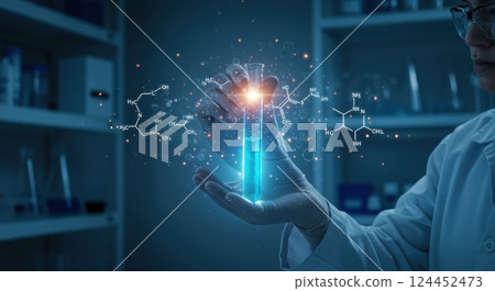 Scientist holding a test tube with glowing blue liquid, surrounded by digital chemical structures, in a laboratory setting, showcasing innovation in research and development. 124452473
