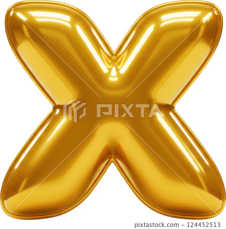 Golden balloon letter X. Shiny, inflatable 3D rendering for festive designs and typography. 124452513