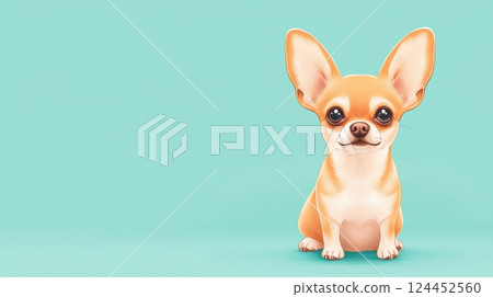 A cute Chihuahua sits against a mint-green background A cute Chihuahua sits against a mint-green background 124452560