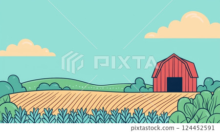 A vibrant illustration of a red barn set against a bright blue sky, surrounded by rolling green hills and blossoming crops. 124452591