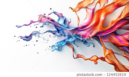 A vibrant splash of colorful liquid, artistically swirling and blending shades of blue, orange, and pink 124452619