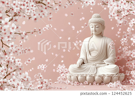 Hanamatsuri celebration featuring a Buddha statue surrounded by blooming cherry blossoms against a soft pink background. 124452625
