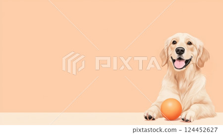 A cheerful golden retriever rests beside an orange ball on a soft background 124452627