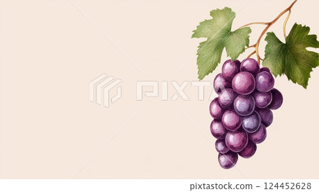 A cluster of ripe grapes with green leaves, beautifully illustrated on a soft beige background 124452628