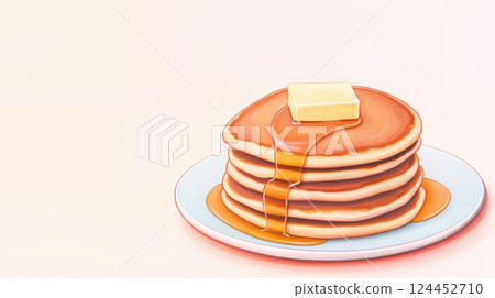 A stack of delicious pancakes drizzled with syrup and topped with a pat of butter 124452710