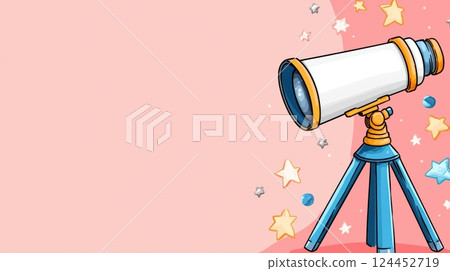 A colorful illustration of a telescope on a tripod, surrounded by stars and celestial elements 124452719