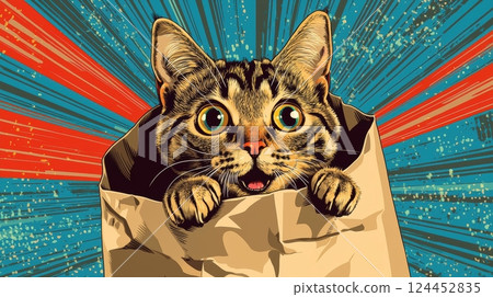 pop art retro style of Playful cat in a paper bag with vibrant background 124452835