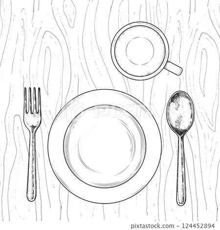 Hand drawn vector illustration of tableware in black and white. Top view sketch featuring plate, cup, fork and spoon. Perfect for restaurant menus, food blogs, and table setting visuals Hand drawn vector illustration of tableware in black and white. Top view sketch featuring plate, cup, fork and spoon. Perfect for restaurant menus, food blogs, and table setting visuals 124452894