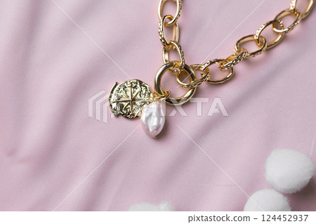 Female Jewelry. Vintage bijouterie jewelry handmade. Flat lay, top view copy space and empty space for text Female Jewelry. Vintage bijouterie jewelry handmade. Flat lay, top view copy space and empty space for text 124452937