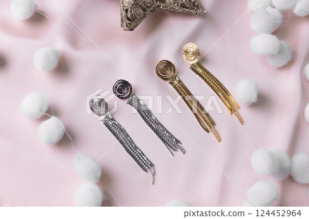 Female Jewelry. Vintage bijouterie jewelry handmade. Flat lay, top view copy space and empty space for text Female Jewelry. Vintage bijouterie jewelry handmade. Flat lay, top view copy space and empty space for text 124452964