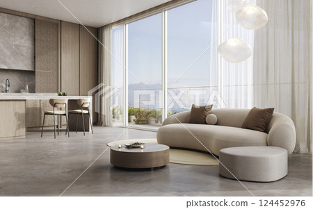 Stylish living room with kitchen in warm natural colors, interior with white sofa 3d rendering 124452976