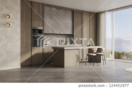 Cozy home kitchen interior with cooking cabinet, bar island kitchenware and sofa, 3d render 124452977