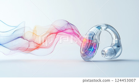 Futuristic hearing aid device emitting colorful sound waves, modern hearing technology concept 124453007