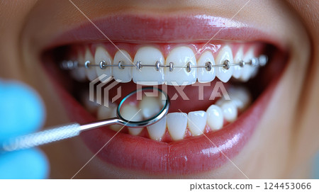 Close up of smiling mouth with braces and dental mirror during orthodontic checkup 124453066
