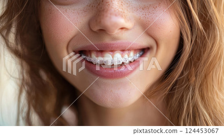 Close up of smiling young woman with braces, showcasing her teeth and natural freckles 124453067