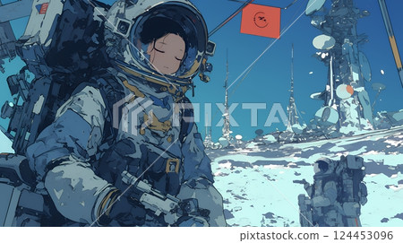 在月球（太空）基地工作的人們 124453096