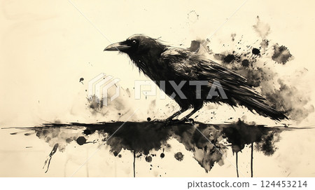 Ink drawing of a crow 124453214