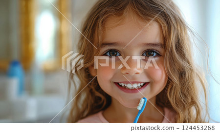 Cheerful young girl with long hair holding toothbrush, smiling brightly in bathroom setting Cheerful young girl with long hair holding toothbrush, smiling brightly in bathroom setting 124453268