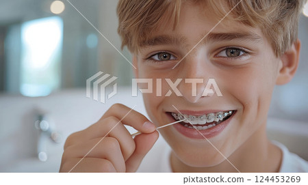 Smiling boy with braces flossing his teeth in bright bathroom, promoting dental hygiene 124453269