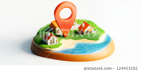 Red location pin marking house location on small island with grass, trees, and water, representing navigation, travel, and real estate concepts Red location pin marking house location on small island with grass, trees, and water, representing navigation, travel, and real estate concepts 124453282