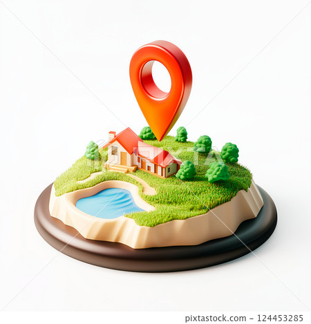 Red location pin marking house location on small island with grass, trees, and water, representing navigation, travel, and real estate concepts 124453285
