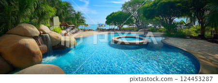 Inviting turquoise pool water sparkles under the sun at a luxury resort in pattaya, thailand, offering a tranquil escape with beach views 124453287
