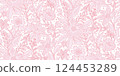 Seamless floral pattern of flowers and leaves in soft pink line drawings on a white background. Ideal for wallpapers, fabric patterns, clothing, home textiles, gift wrap, stationery. 124453289
