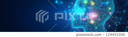 Polygonal human head mesh with network and glowing dots, symbolizing mental health and artificial intelligence 124453300