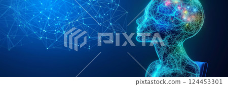 Polygonal human head mesh with network and glowing dots, symbolizing mental health and artificial intelligence 124453301
