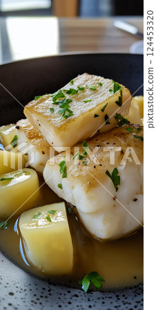 Close-up of pan seared perch fillets seasoned with parsley and black pepper, served with roasted potatoes and lemon Close-up of pan seared perch fillets seasoned with parsley and black pepper, served with roasted potatoes and lemon 124453320