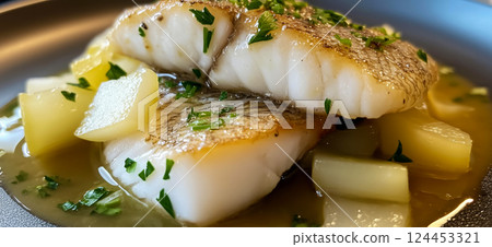 Close-up of pan seared perch fillets seasoned with parsley and black pepper, served with roasted potatoes and lemon Close-up of pan seared perch fillets seasoned with parsley and black pepper, served with roasted potatoes and lemon 124453321