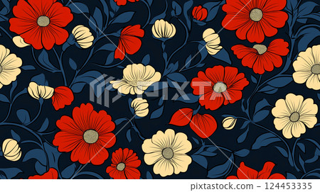 Seamless floral pattern featuring elegant red and yellow flowers blooming gracefully on a dark blue background, creating a captivating design 124453335