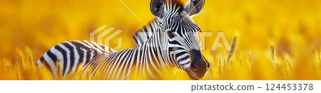 Plains zebra standing in tall yellow grass with a vibrant yellow blurred background Plains zebra standing in tall yellow grass with a vibrant yellow blurred background 124453378