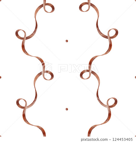 Watercolor pattern red satin ribbons. Seamless print silk burgundy braid in retro style. Illustration on isolated background for design, fabric, children's clothes, textiles, packaging, cards 124453405