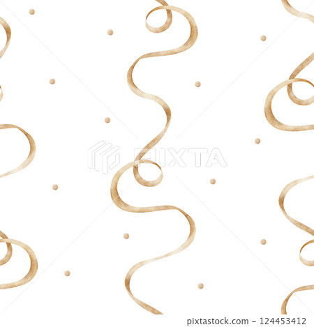 Watercolor pattern beige satin ribbons, dots. Seamless print silk pastel braid in retro style. Illustration on isolated background for design, fabric, clothes children, textile, packaging, hobby, 124453412