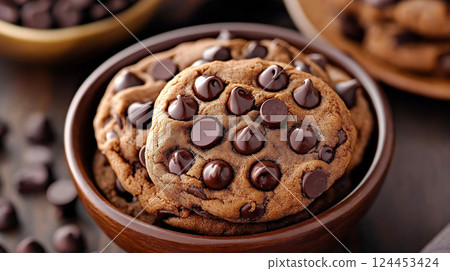 Freshly baked double chocolate chip cookies stacked high in a bowl, ready to be enjoyed Freshly baked double chocolate chip cookies stacked high in a bowl, ready to be enjoyed 124453424