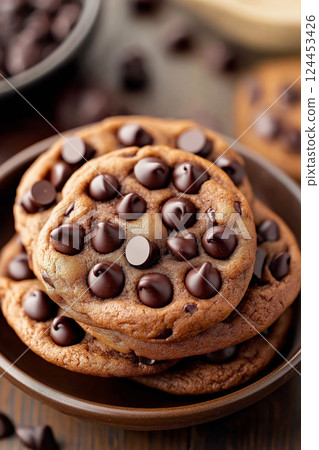 Freshly baked double chocolate chip cookies stacked high in a bowl, ready to be enjoyed 124453426