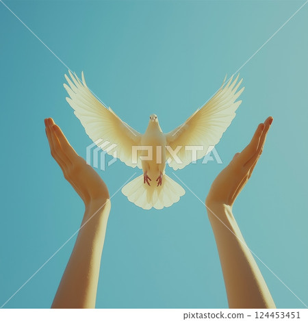 Woman releasing white dove into clear blue sky, symbolizing peace, freedom and hope Woman releasing white dove into clear blue sky, symbolizing peace, freedom and hope 124453451