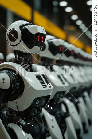 Row of humanoid robots standing in a line in a futuristic factory, artificial intelligence concept Row of humanoid robots standing in a line in a futuristic factory, artificial intelligence concept 124453456