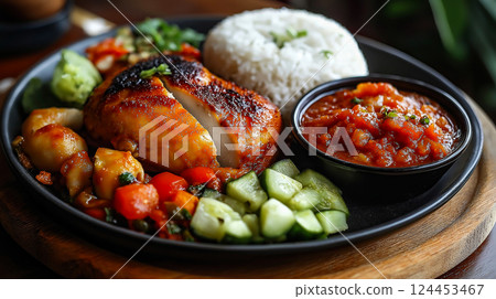 Delicious indonesian dish featuring grilled chicken in coconut milk, served with rice, vegetables, and flavorful sauces 124453467