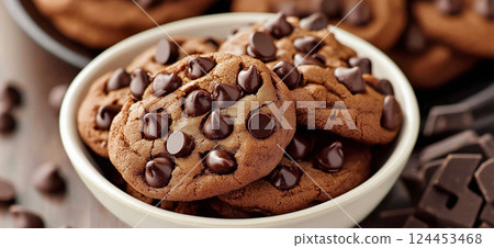 Freshly baked double chocolate chip cookies stacked high in a bowl, ready to be enjoyed 124453468