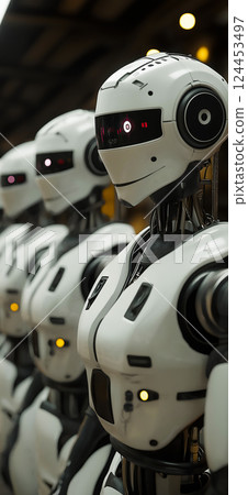 Row of humanoid robots standing in a line in a futuristic factory, artificial intelligence concept 124453497