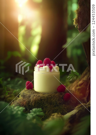 Raspberry yogurt parfait layered in glass jar, topped with fresh raspberries and mint, sits on mossy stump in sunlit forest 124453509