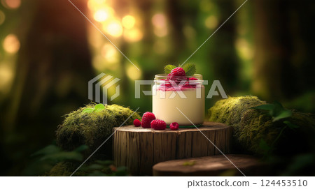 Raspberry yogurt parfait layered in glass jar, topped with fresh raspberries and mint, sits on mossy stump in sunlit forest 124453510