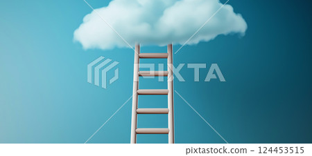 Wooden ladder reaching a fluffy white cloud against a teal backdrop, symbolizing ambition, achievement, and the pursuit of dreams 124453515