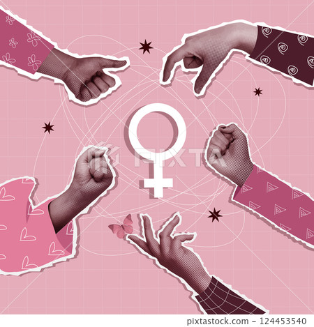 Dynamic Female Expression in a Creative Feminist Collage. Vector Illustration 124453540