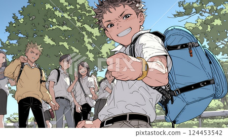 An elementary school boy running around energetically 124453542
